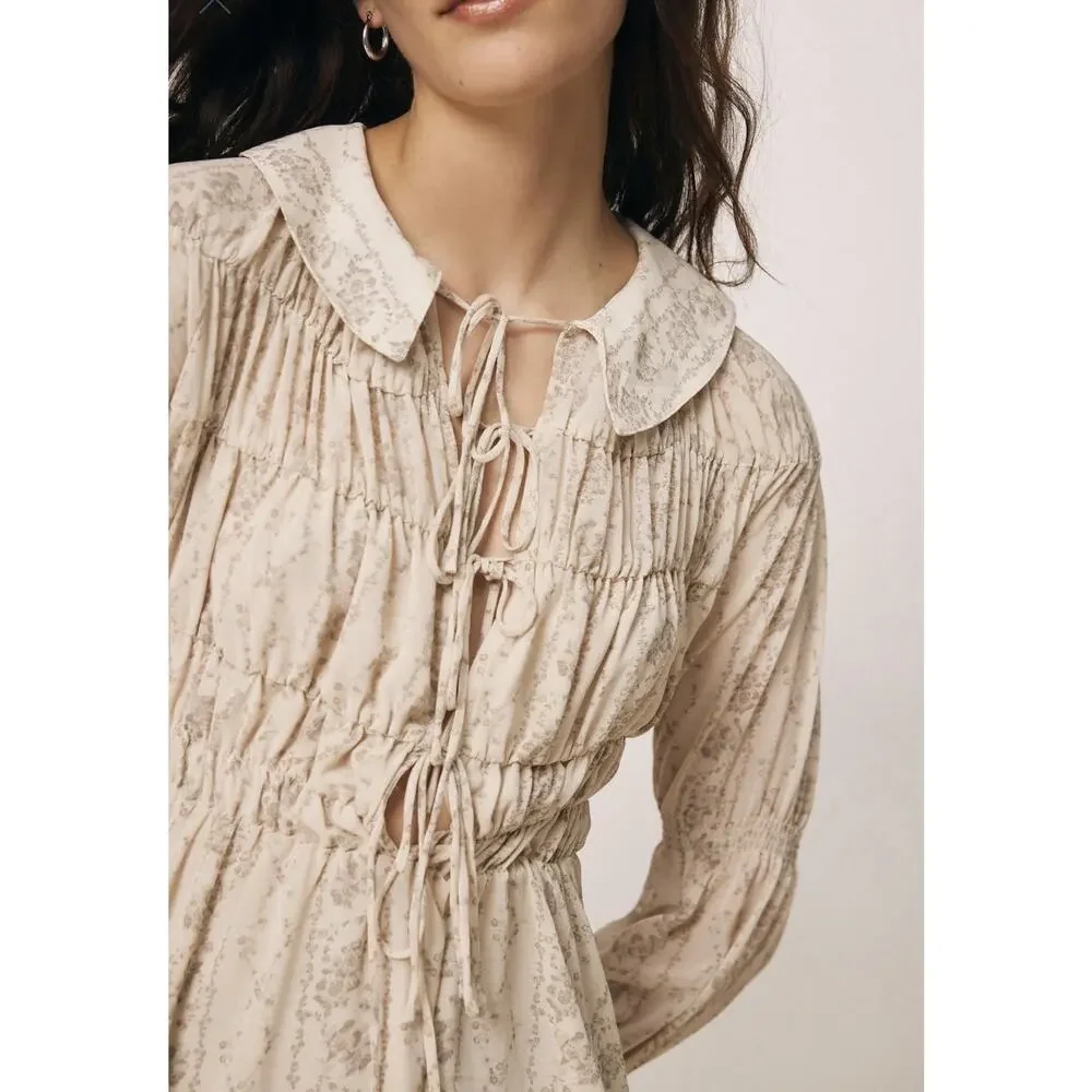 Kimchi Blue Lonnie Smocked Long Sleeve Mini Dress Medium Boho Cottage Core - Picture 3 of 10